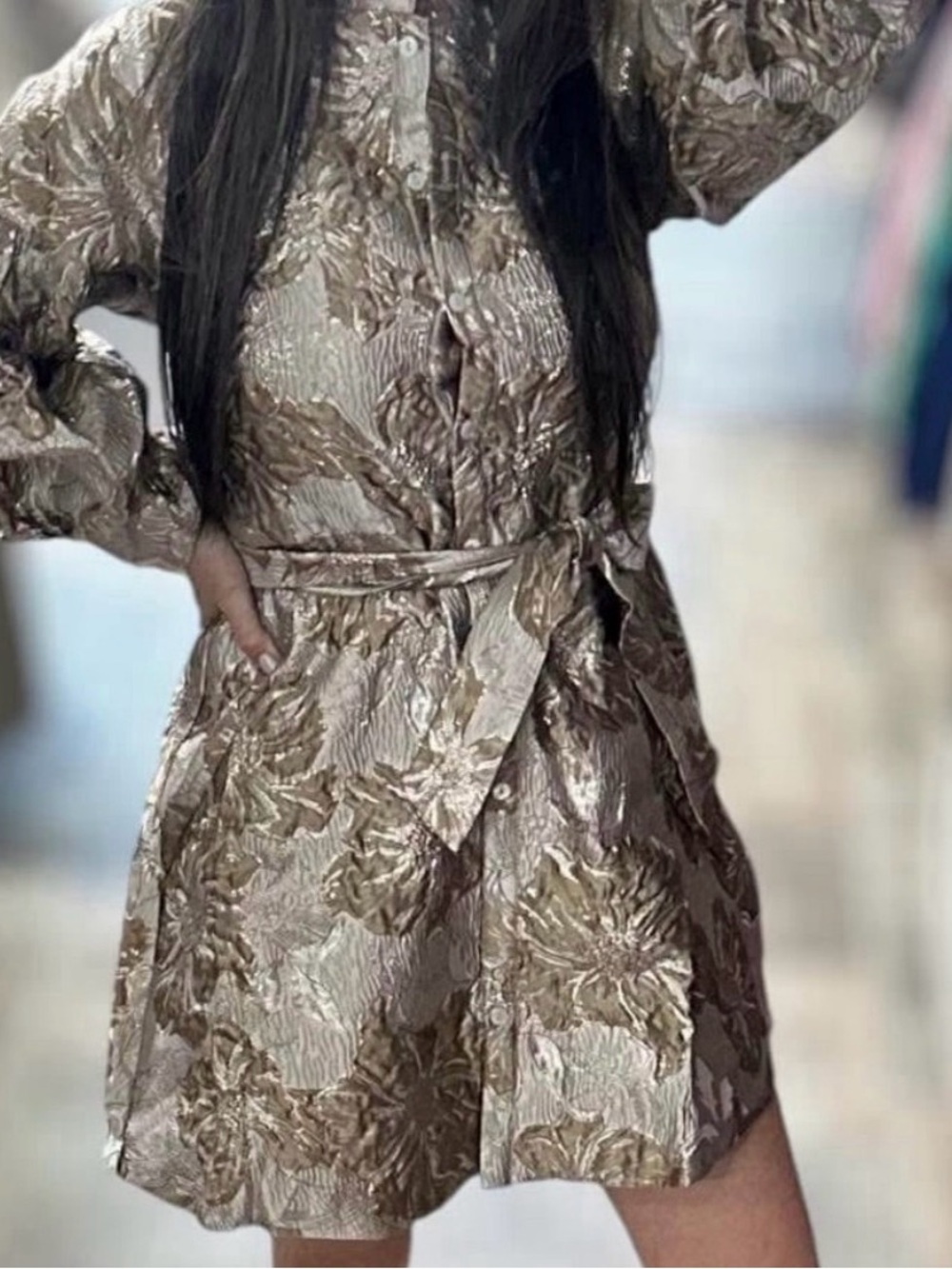 Ellison Metallic Floral Jacquard Belted Mini Dress Gold Blush Size L